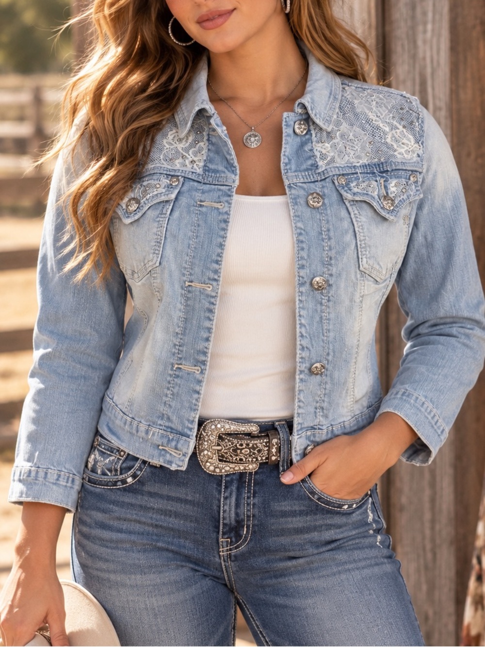 Miss Me Light Wash Lace Rhinestone Denim Jacket